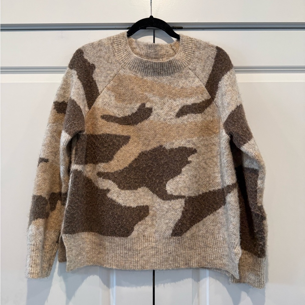 Anthropologie Brown and Tan Camo Crew Neck Sweater